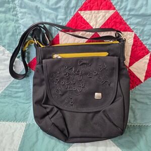 Haiku Black Floral Embroidered Crossbody Bag Yellow Trim